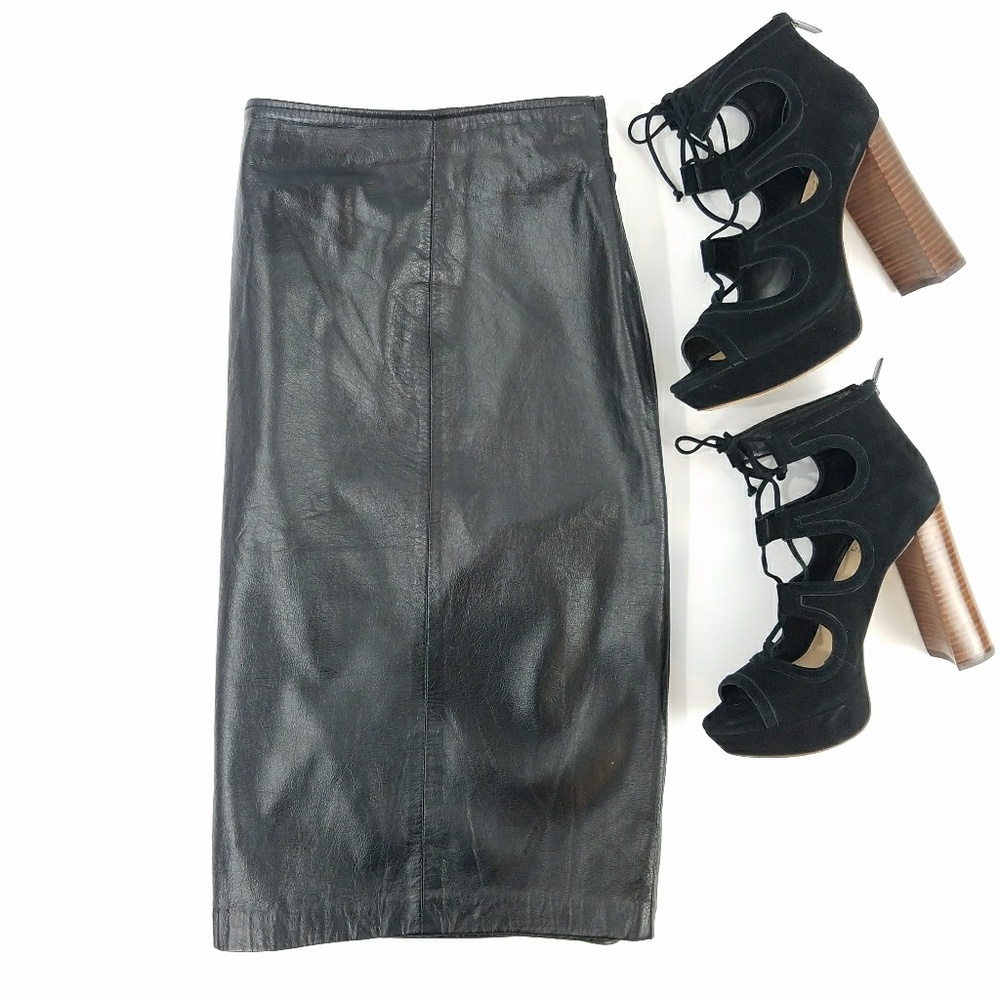 Vintage Black Leather Midi Pencil Skirt